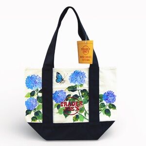 Trader Joe’s Mini Canvas Tote Hand Painted Blue Hydrangea Butterfly New